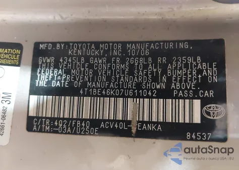 2007 Toyota Camry Le from USA, damaged, VIN 4T1BE46K07U611042